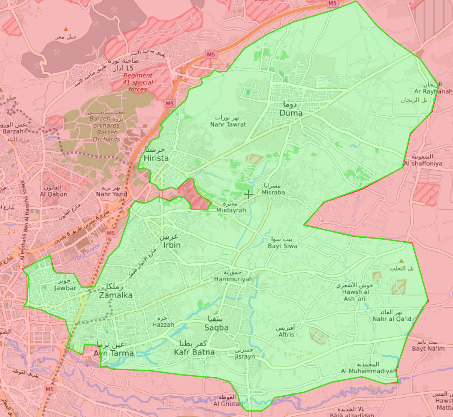 خريطة تظهر توزع السيطرة في الغوطة الشرقية - 5 آذار 2018 (livemap)